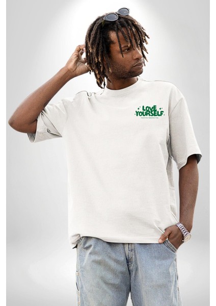 Sev Kendini Olumlu Bakış Açısı Yazılı Minimal Cep Baskılı Pamuklu Penye Kadın Erkek Beyaz Tişört modelleri