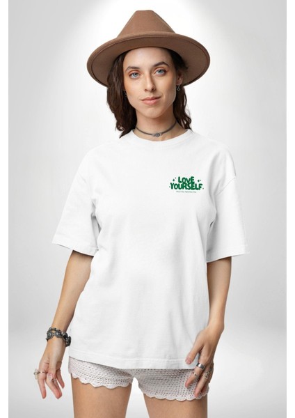 Sev Kendini Olumlu Bakış Açısı Yazılı Minimal Cep Baskılı Pamuklu Penye Kadın Erkek Beyaz Tişört fırsatları