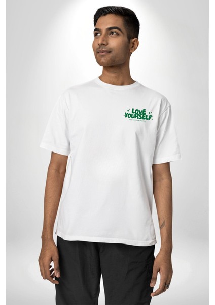 Sev Kendini Olumlu Bakış Açısı Yazılı Minimal Cep Baskılı Pamuklu Penye Kadın Erkek Beyaz Tişört indirimleri