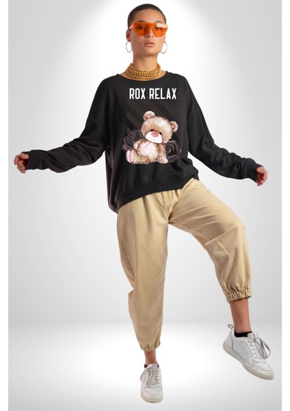 Relax Teddy Ayı Gül Erkek Kadın Unisex Dijital Baskılı Siyah Sweatshirt modelleri