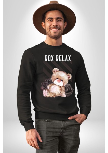 Relax Teddy Ayı Gül Erkek Kadın Unisex Dijital Baskılı Siyah Sweatshirt fırsatları
