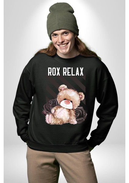 Relax Teddy Ayı Gül Erkek Kadın Unisex Dijital Baskılı Siyah Sweatshirt indirimleri