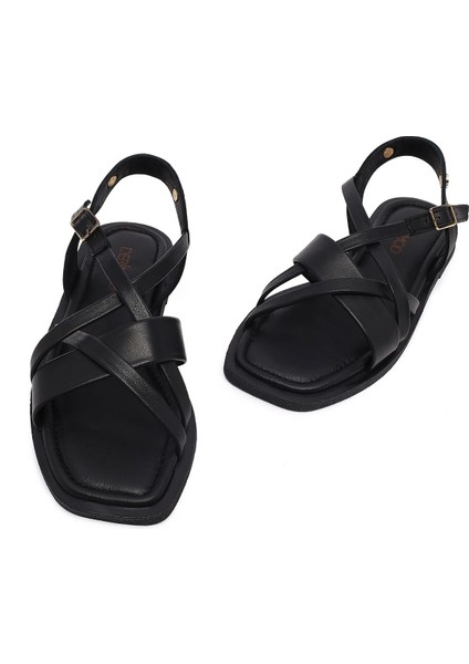 Kadın Siyah Tokalı Deri Sandalet 25SFD130718