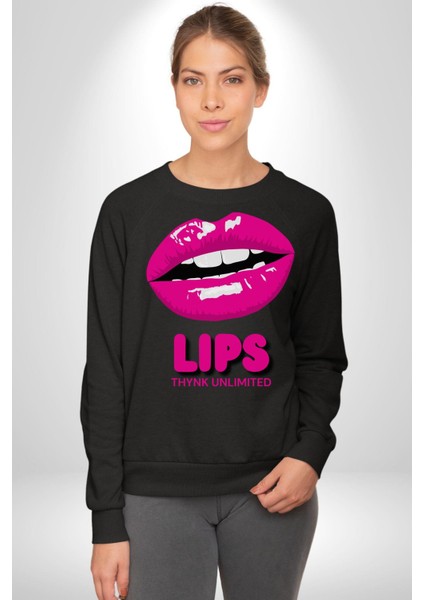 Lips Ruj Pembe Dudak Sınırsız Düşün Erkek Kadın Unisex Dijital Baskılı Siyah Sweatshirt