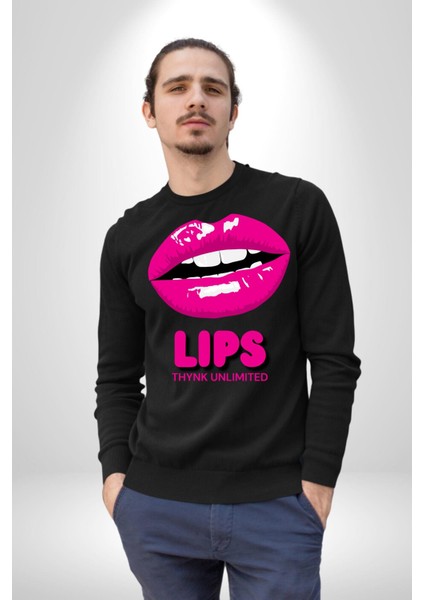 Lips Ruj Pembe Dudak Sınırsız Düşün Erkek Kadın Unisex Dijital Baskılı Siyah Sweatshirt fiyatları