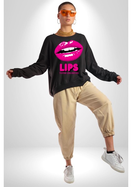 Lips Ruj Pembe Dudak Sınırsız Düşün Erkek Kadın Unisex Dijital Baskılı Siyah Sweatshirt modelleri