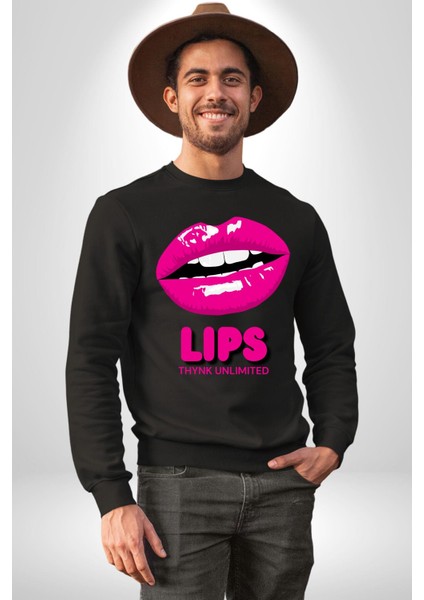 Lips Ruj Pembe Dudak Sınırsız Düşün Erkek Kadın Unisex Dijital Baskılı Siyah Sweatshirt fırsatları