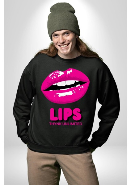 Lips Ruj Pembe Dudak Sınırsız Düşün Erkek Kadın Unisex Dijital Baskılı Siyah Sweatshirt indirimleri