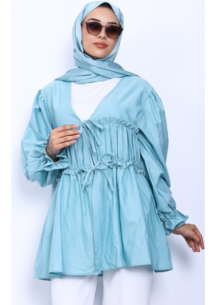 Mint Ön Bağlamalı Fırfırlı Kimono