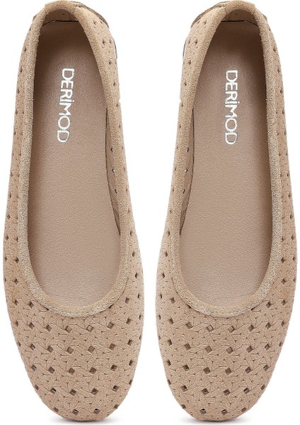 Kadın Bej Desenli Süet Deri Babet 25SFD291310