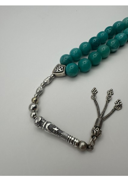 El Yapımı Doğal Amazonit Taş Tesbih – Turkuaz, 33’lü, 12MM Boncuk, Ay Yıldız Motifli Gümüş İmame