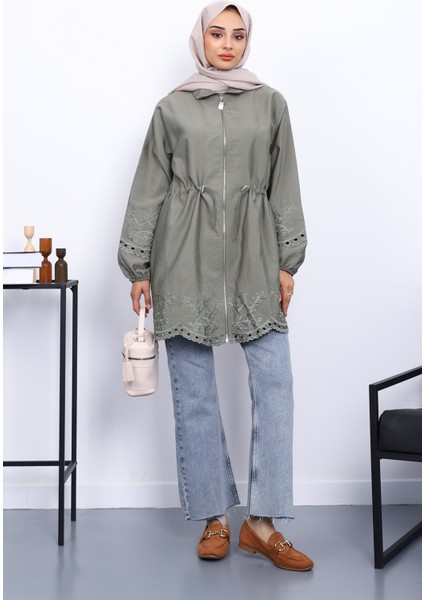 Haki Bel Lastikli Nakış Detaylı Trenç