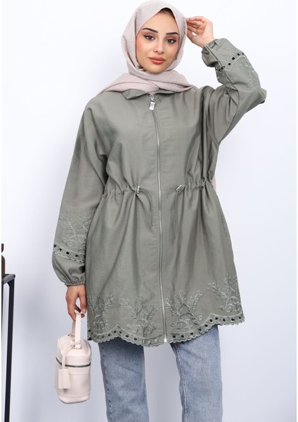 Haki Bel Lastikli Nakış Detaylı Trenç fiyatları