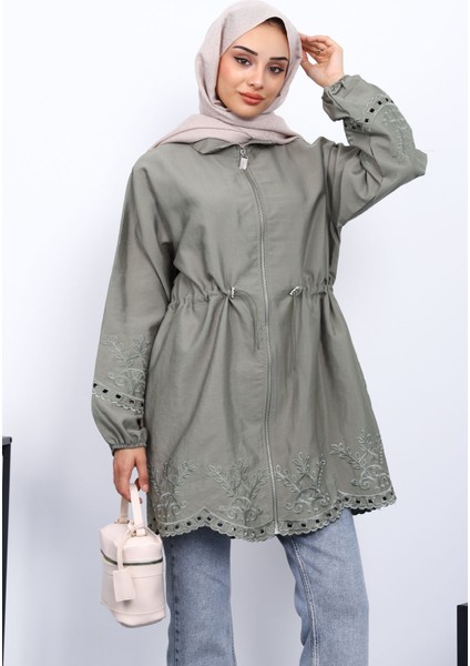 Haki Bel Lastikli Nakış Detaylı Trenç modelleri