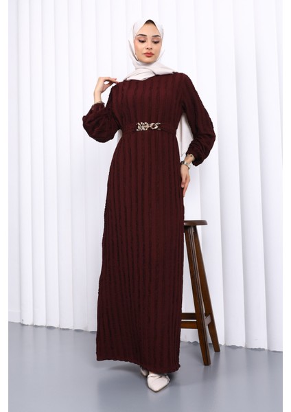 Bordo Beli Kemerli Fırfır Detaylı Gofre Elbise fiyatları