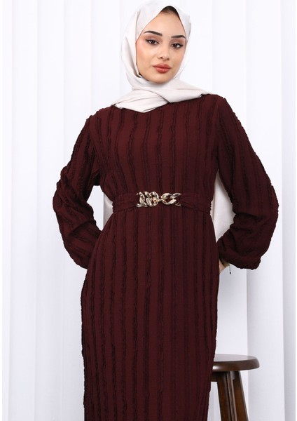 Bordo Beli Kemerli Fırfır Detaylı Gofre Elbise modelleri
