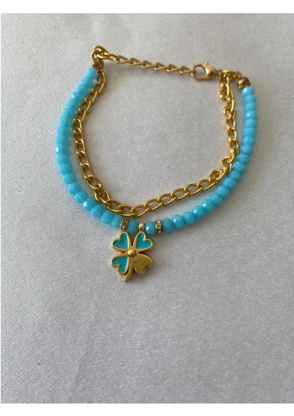 Yonca Yapraklı Bileklik Açık Mavi Altın Renk