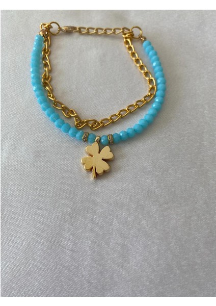 Yonca Yapraklı Bileklik Açık Mavi Altın Renk modelleri