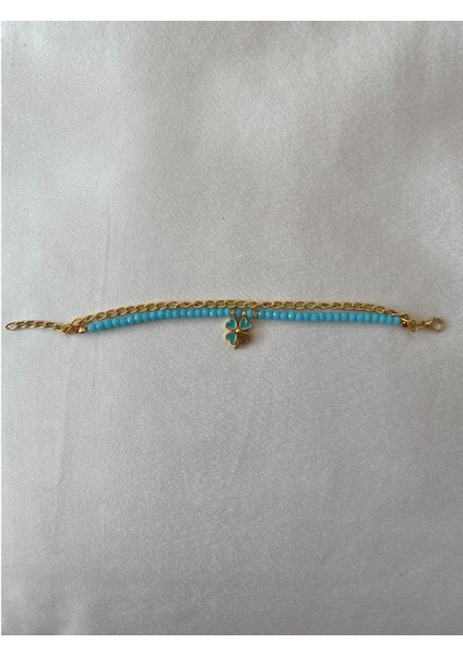 Yonca Yapraklı Bileklik Açık Mavi Altın Renk fırsatları