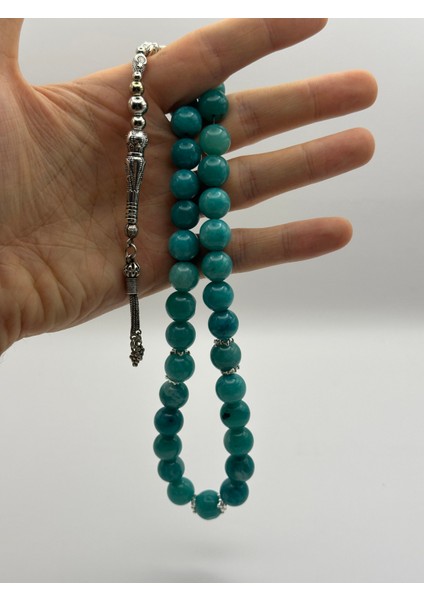 El Yapımı Doğal Amazonit Taş Tesbih – Turkuaz, 33’lü, 12MM Boncuk, Ay Yıldız Motifli Gümüş İmame modelleri