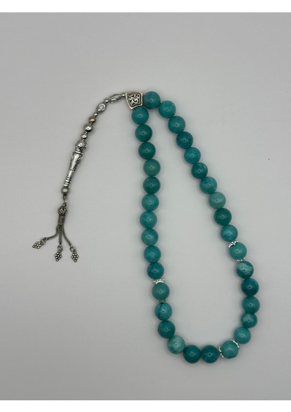 El Yapımı Doğal Amazonit Taş Tesbih – Turkuaz, 33’lü, 12MM Boncuk, Ay Yıldız Motifli Gümüş İmame fırsatları