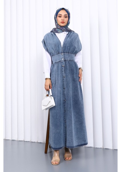 Mavi Kruvaze Yaka Düğmeli Kot Elbise