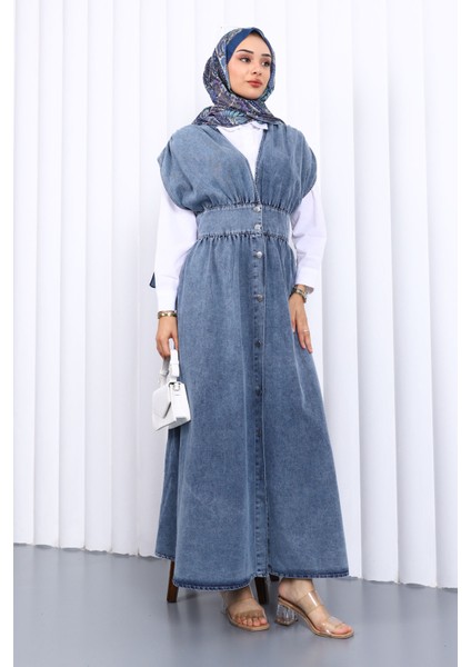 Mavi Kruvaze Yaka Düğmeli Kot Elbise fiyatları