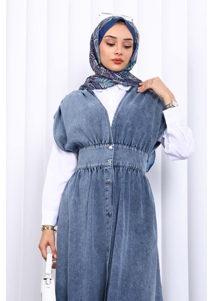 Mavi Kruvaze Yaka Düğmeli Kot Elbise modelleri