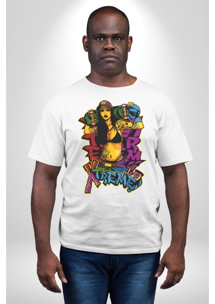 Kayakcı Kız Grafik Baskılı Pamuklu Penye Kadın Erkek Beyaz Tişört