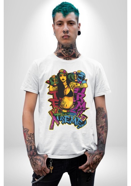 Kayakcı Kız Grafik Baskılı Pamuklu Penye Kadın Erkek Beyaz Tişört fiyatları