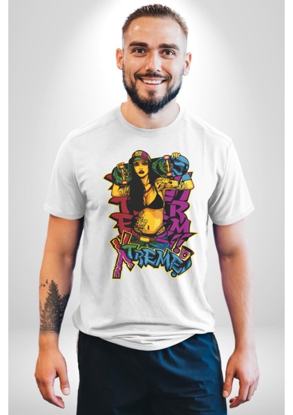 Kayakcı Kız Grafik Baskılı Pamuklu Penye Kadın Erkek Beyaz Tişört modelleri