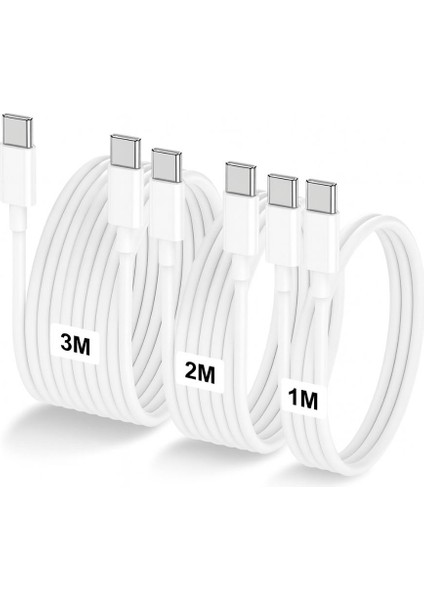 3 Paket 6A 100W Type-C To Type-C Hızlı Data ve Süper Şarj Kablosu 1 Metre / 2 Metre / 3 Metre Beyaz SX102030