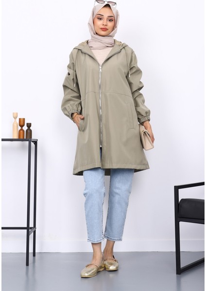 Haki Kapüşonlu Arkası Nakışlı Trençkot