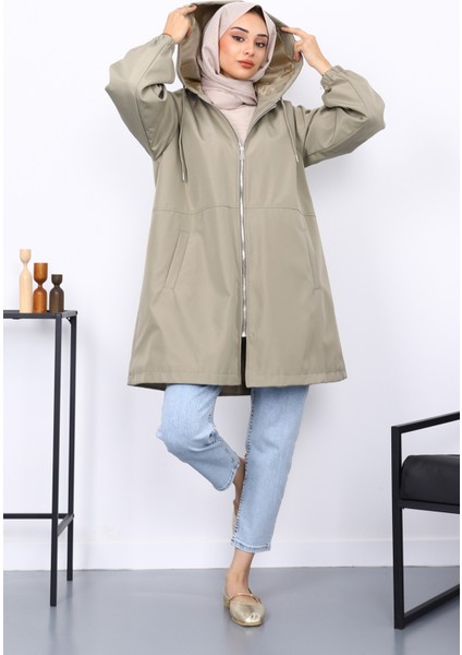 Haki Kapüşonlu Arkası Nakışlı Trençkot fiyatları