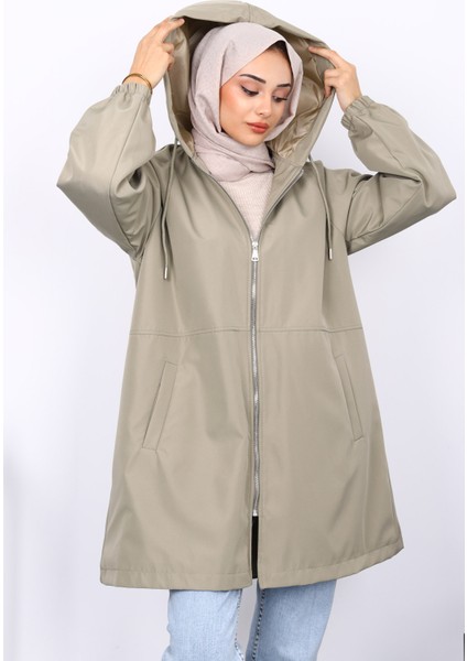 Haki Kapüşonlu Arkası Nakışlı Trençkot modelleri