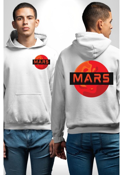 Mars Gezegen Erkek Kadın Beyaz Ön Sırt Baskılı Kapüşonlu Sweatshirt Hoodie