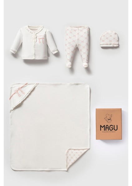 Kız Bebek Organik Pamuklu Ekru Fiyonklu 4'lü Hastane Çıkışı Hediye Seti - Battaniye Kutulu