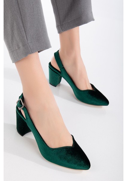 Milika Haki Yeşili Kadife Sivri Burunlu Topuklu Kadın Ayakkabı