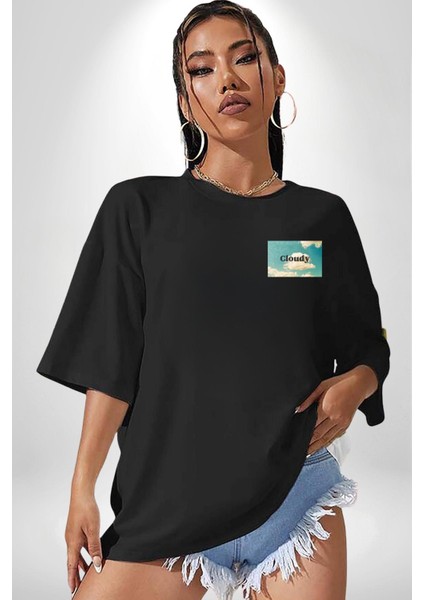 Pisikolojim Bulutlu Minimal Cep Baskılı Pamuklu Penye Kadın Erkek Siyah Tişört