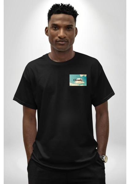 Pisikolojim Bulutlu Minimal Cep Baskılı Pamuklu Penye Kadın Erkek Siyah Tişört fiyatları