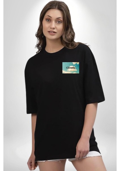 Pisikolojim Bulutlu Minimal Cep Baskılı Pamuklu Penye Kadın Erkek Siyah Tişört modelleri