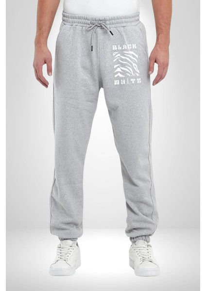 Siyah ve Beyaz Sokak Style Erkek Kadın Gri Lastikli Bel Paca Eşofman Altı