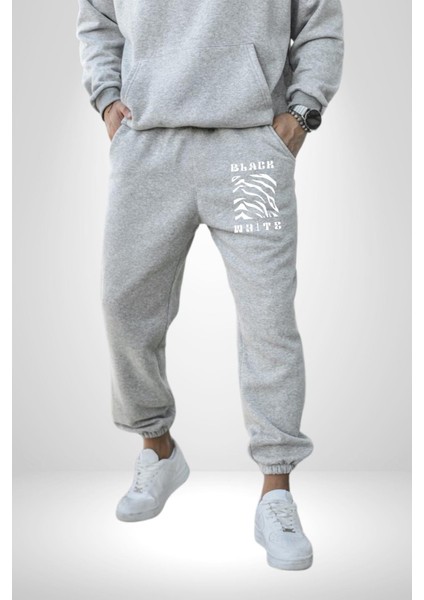 Siyah ve Beyaz Sokak Style Erkek Kadın Gri Lastikli Bel Paca Eşofman Altı modelleri