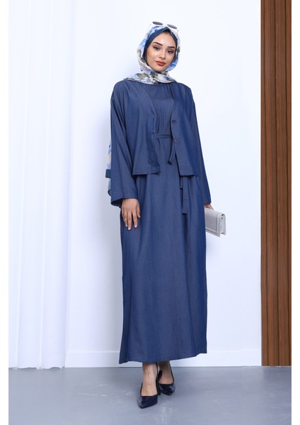 Lacivert Tensel Kot Gömlek Elbise Kombin