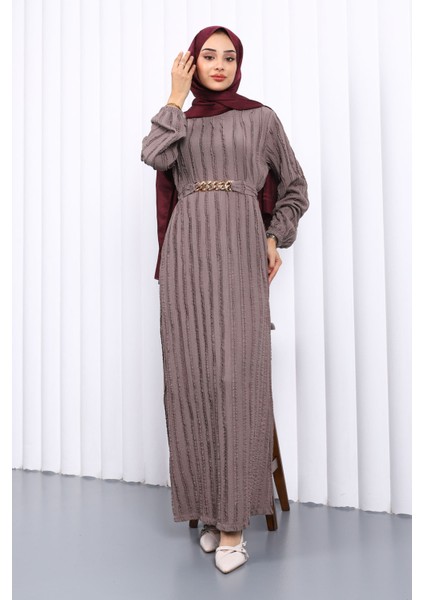 Gri Beli Kemerli Fırfır Detaylı Gofre Elbise