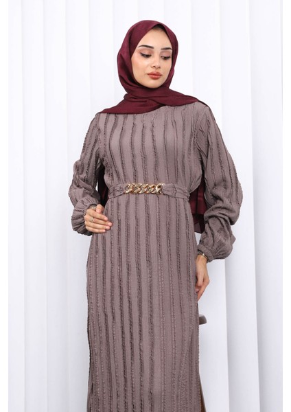 Gri Beli Kemerli Fırfır Detaylı Gofre Elbise modelleri