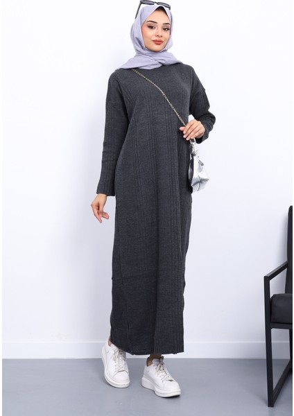 Antrasit Dik Yaka Fitilli Triko Elbise