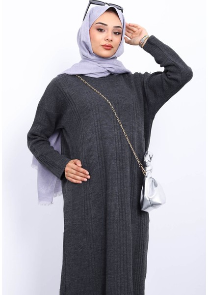 Antrasit Dik Yaka Fitilli Triko Elbise fiyatları