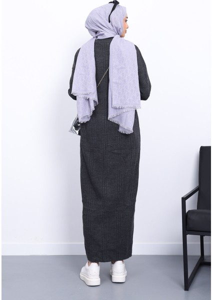 Antrasit Dik Yaka Fitilli Triko Elbise modelleri