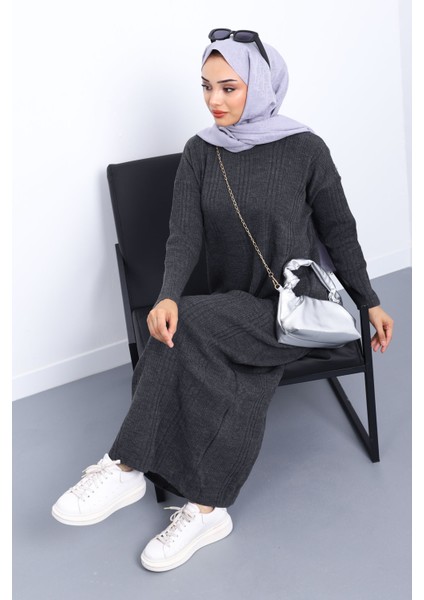 Antrasit Dik Yaka Fitilli Triko Elbise indirimleri